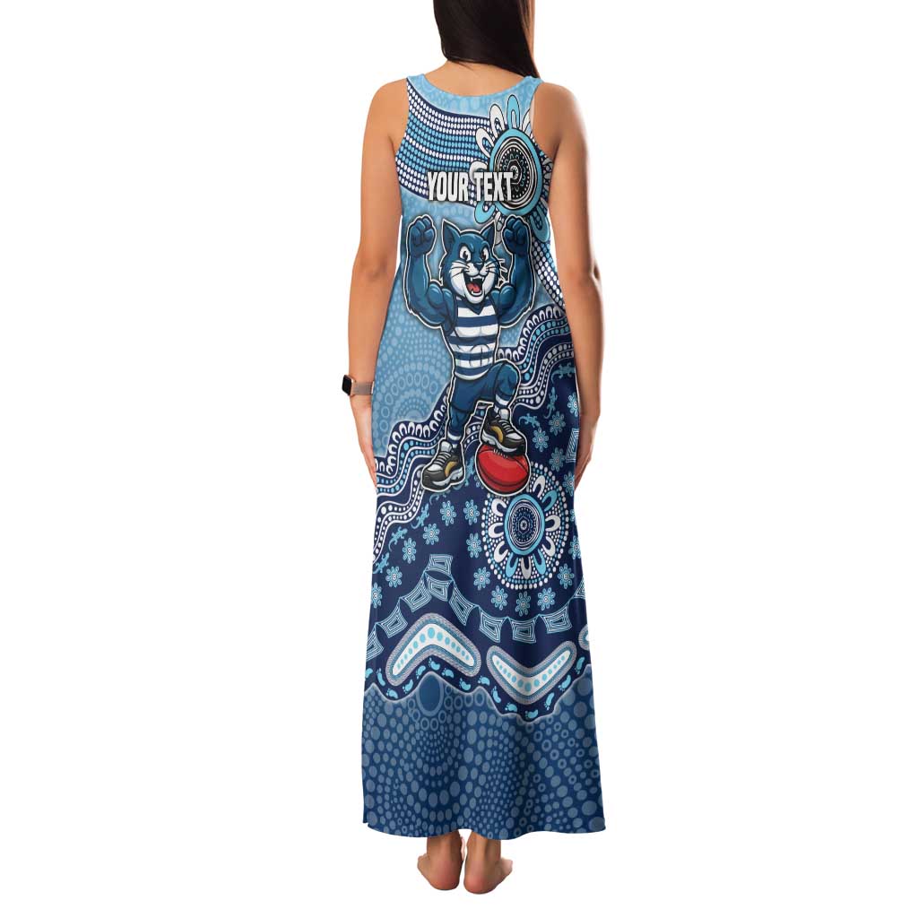 Personalized Geelong Cats Football Mascot Family Matching Tank Maxi Dress and Hawaiian Shirt Aboriginal Dot Art Style Vibrant Indigenous Pattern Design