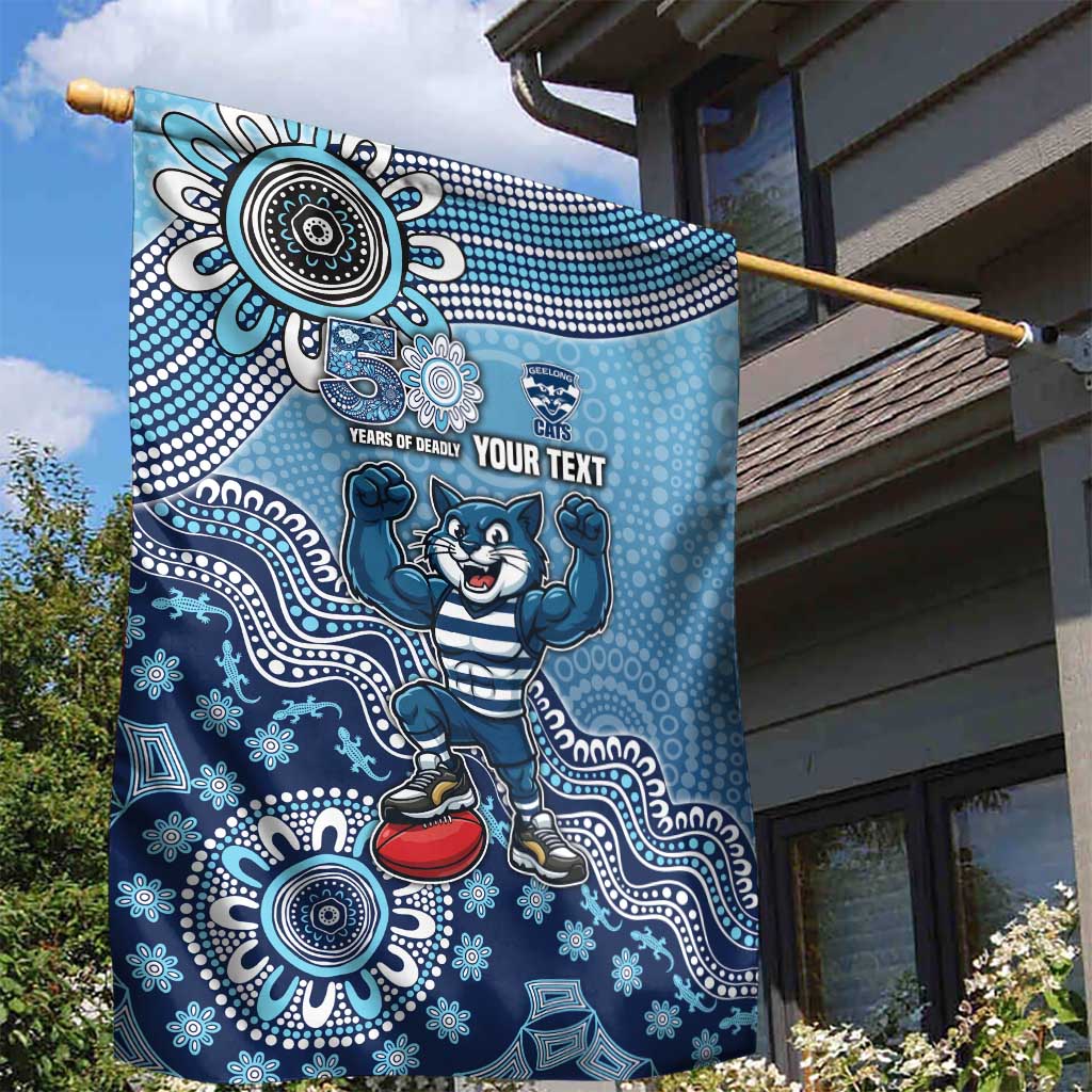 Personalized Geelong Cats Football Mascot Garden Flag Aboriginal Dot Art Style Vibrant Indigenous Pattern Design