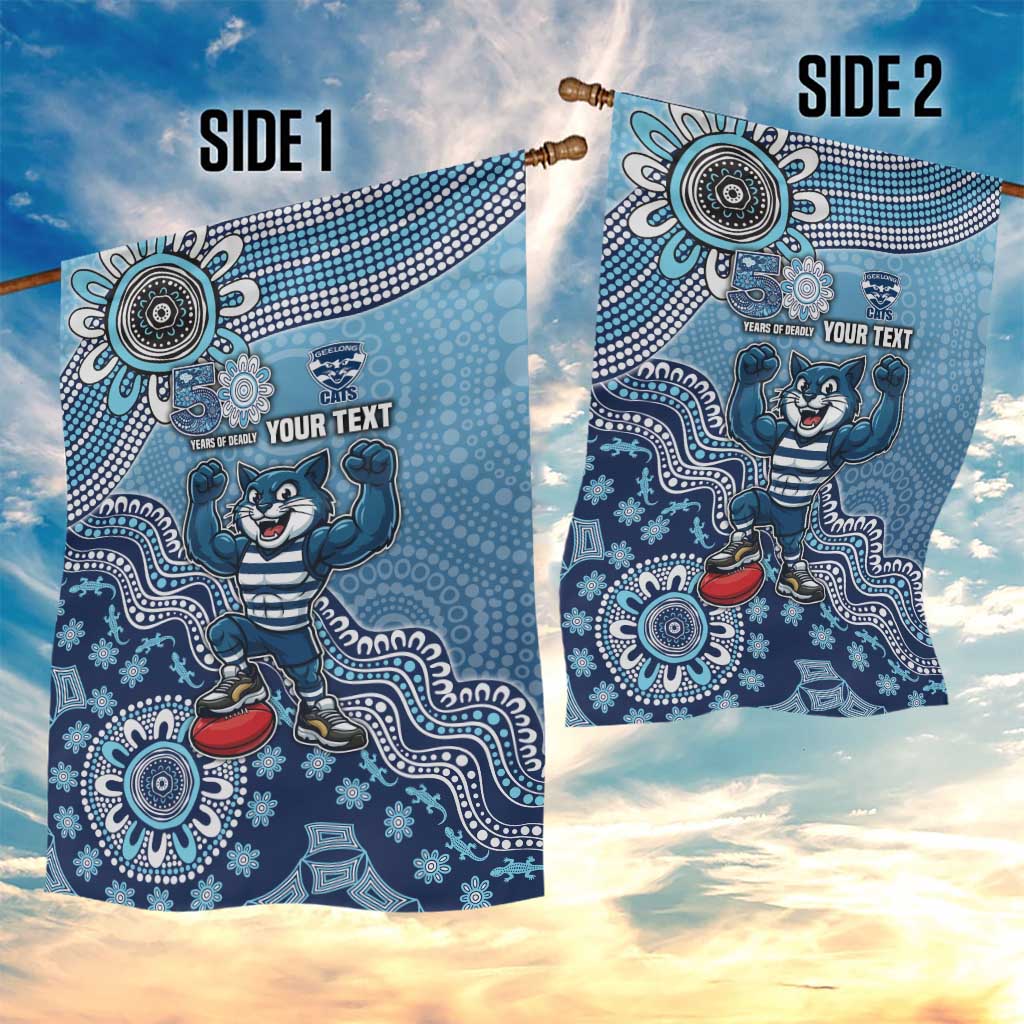 Personalized Geelong Cats Football Mascot Garden Flag Aboriginal Dot Art Style Vibrant Indigenous Pattern Design