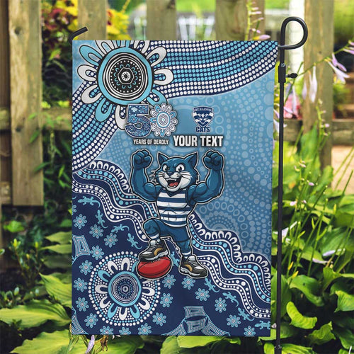 Personalized Geelong Cats Football Mascot Garden Flag Aboriginal Dot Art Style Vibrant Indigenous Pattern Design