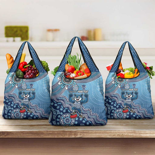 Personalized Geelong Cats Football Mascot Grocery Bag Aboriginal Dot Art Style Vibrant Indigenous Pattern Design