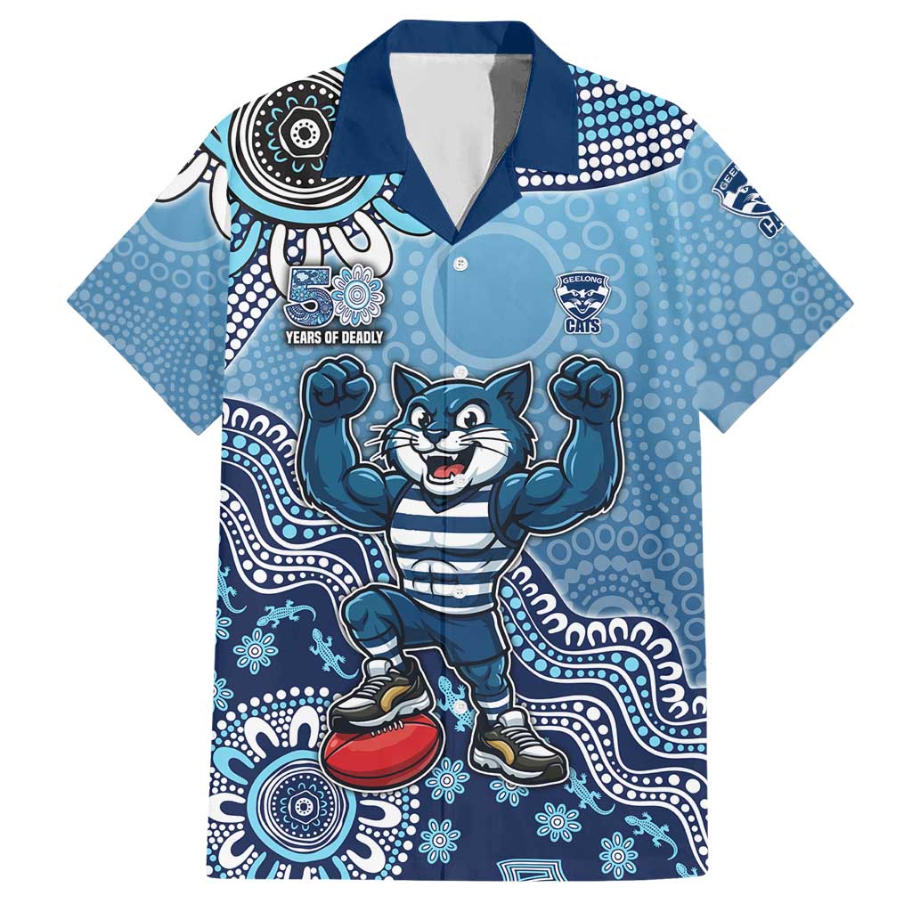 Personalized Geelong Cats Football Mascot Hawaiian Shirt Aboriginal Dot Art Style Vibrant Indigenous Pattern Design