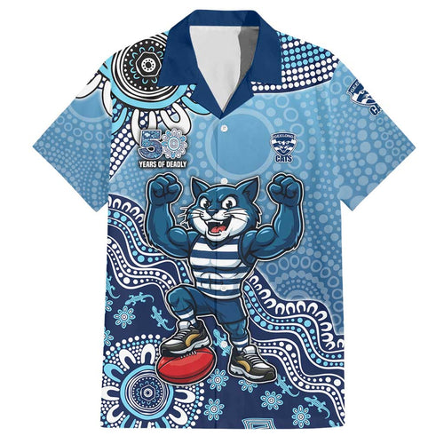 Personalized Geelong Cats Football Mascot Hawaiian Shirt Aboriginal Dot Art Style Vibrant Indigenous Pattern Design