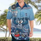 Personalized Geelong Cats Football Mascot Hawaiian Shirt Aboriginal Dot Art Style Vibrant Indigenous Pattern Design