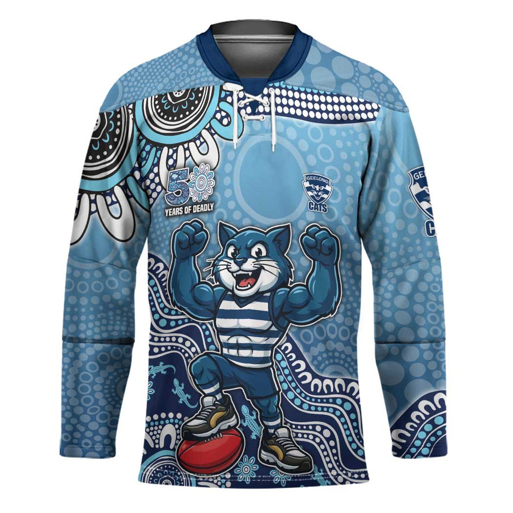 Personalized Geelong Cats Football Mascot Hockey Jersey Aboriginal Dot Art Style Vibrant Indigenous Pattern Design