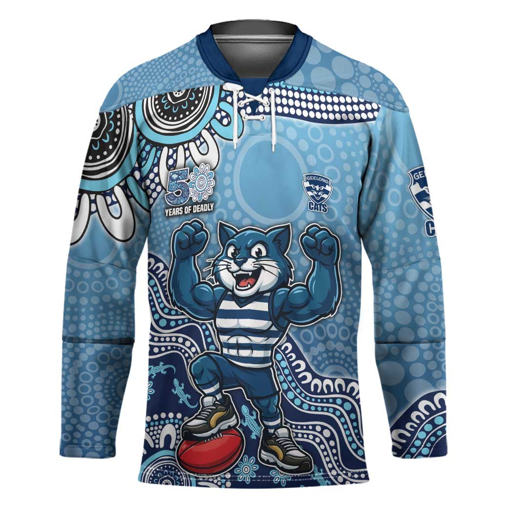 Personalized Geelong Cats Football Mascot Hockey Jersey Aboriginal Dot Art Style Vibrant Indigenous Pattern Design