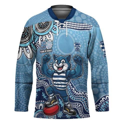 Personalized Geelong Cats Football Mascot Hockey Jersey Aboriginal Dot Art Style Vibrant Indigenous Pattern Design