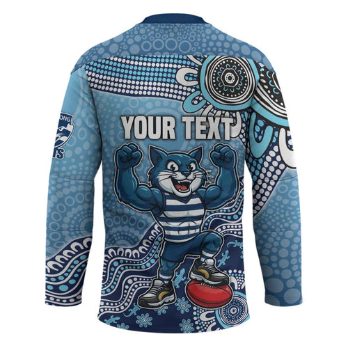 Personalized Geelong Cats Football Mascot Hockey Jersey Aboriginal Dot Art Style Vibrant Indigenous Pattern Design