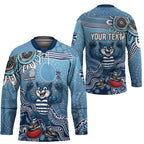 Personalized Geelong Cats Football Mascot Hockey Jersey Aboriginal Dot Art Style Vibrant Indigenous Pattern Design