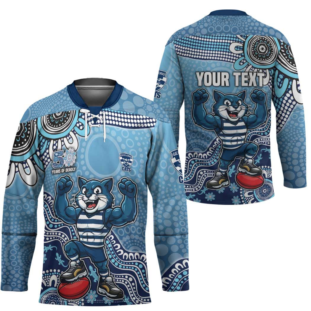 Personalized Geelong Cats Football Mascot Hockey Jersey Aboriginal Dot Art Style Vibrant Indigenous Pattern Design