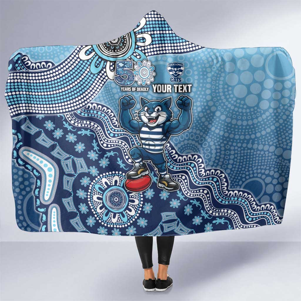 Personalized Geelong Cats Football Mascot Hooded Blanket Aboriginal Dot Art Style Vibrant Indigenous Pattern Design
