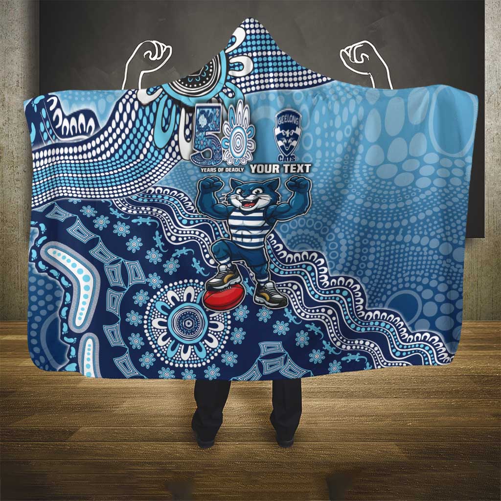 Personalized Geelong Cats Football Mascot Hooded Blanket Aboriginal Dot Art Style Vibrant Indigenous Pattern Design