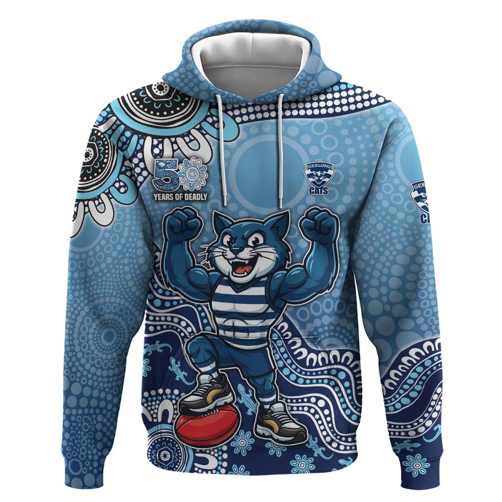 Personalized Geelong Cats Football Mascot Hoodie Aboriginal Dot Art Style Vibrant Indigenous Pattern Design