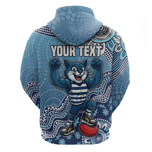 Personalized Geelong Cats Football Mascot Hoodie Aboriginal Dot Art Style Vibrant Indigenous Pattern Design