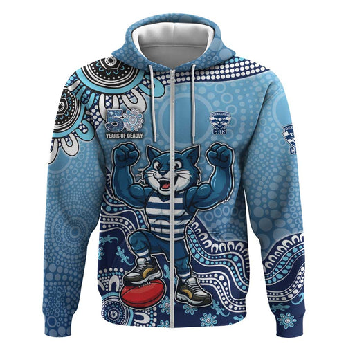 Personalized Geelong Cats Football Mascot Hoodie Aboriginal Dot Art Style Vibrant Indigenous Pattern Design