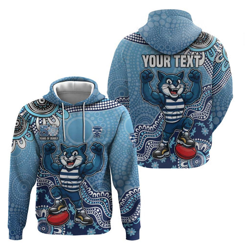 Personalized Geelong Cats Football Mascot Hoodie Aboriginal Dot Art Style Vibrant Indigenous Pattern Design