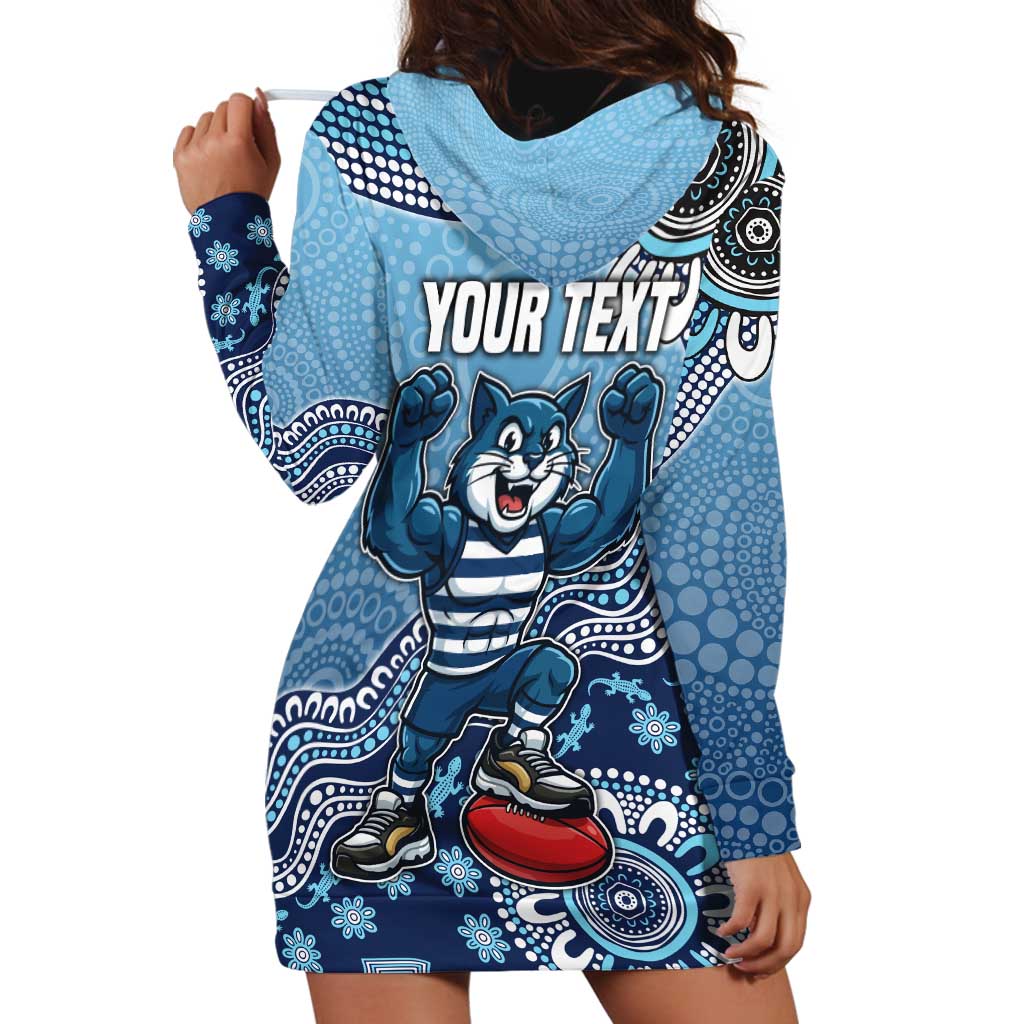 Personalized Geelong Cats Football Mascot Hoodie Dress Aboriginal Dot Art Style Vibrant Indigenous Pattern Design