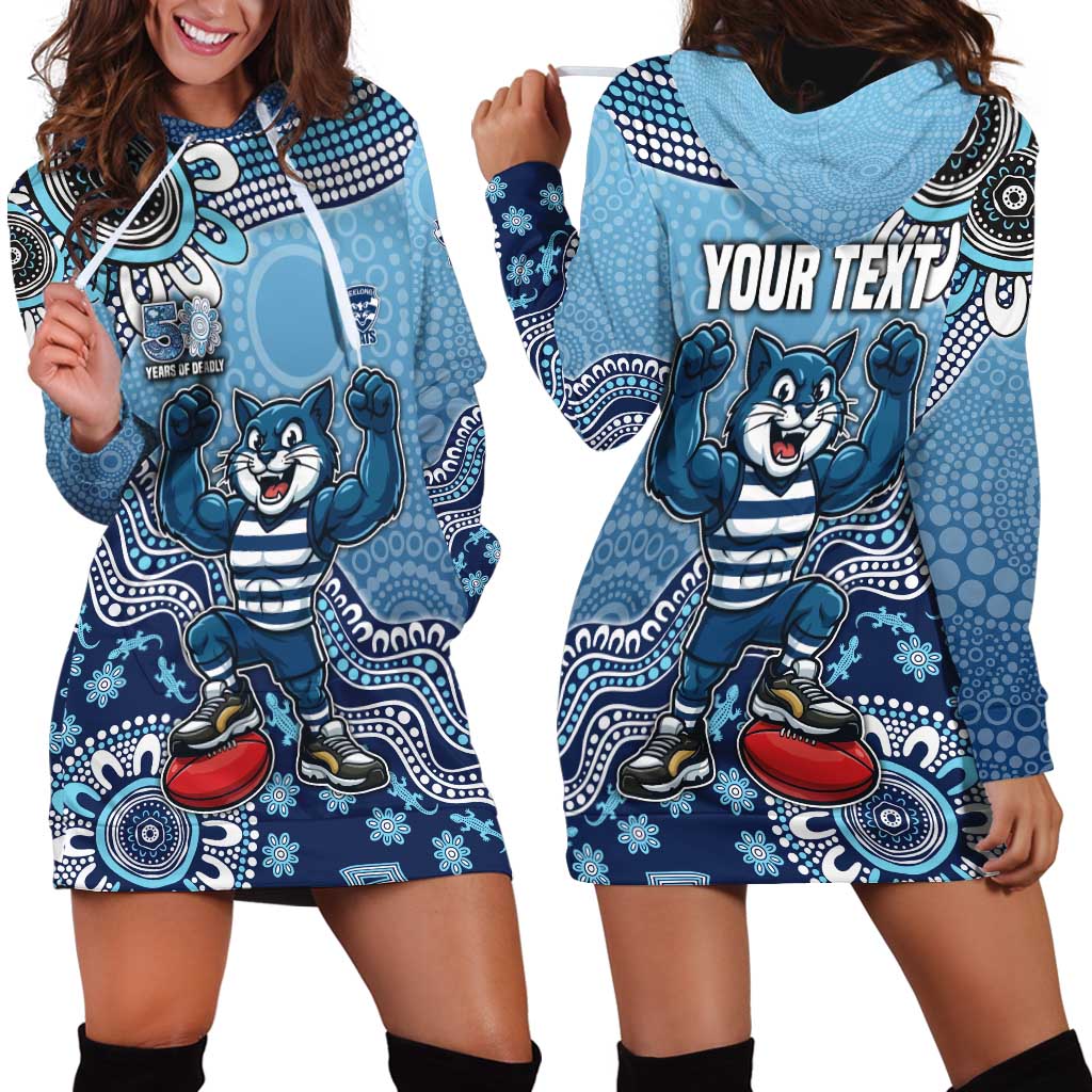 Personalized Geelong Cats Football Mascot Hoodie Dress Aboriginal Dot Art Style Vibrant Indigenous Pattern Design