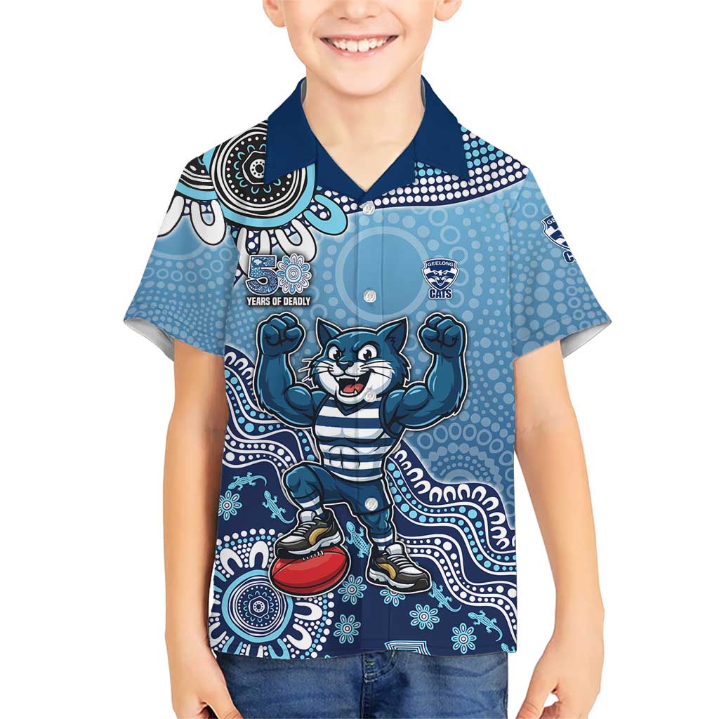 Personalized Geelong Cats Football Mascot Kid Hawaiian Shirt Aboriginal Dot Art Style Vibrant Indigenous Pattern Design