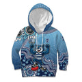 Personalized Geelong Cats Football Mascot Kid Hoodie Aboriginal Dot Art Style Vibrant Indigenous Pattern Design