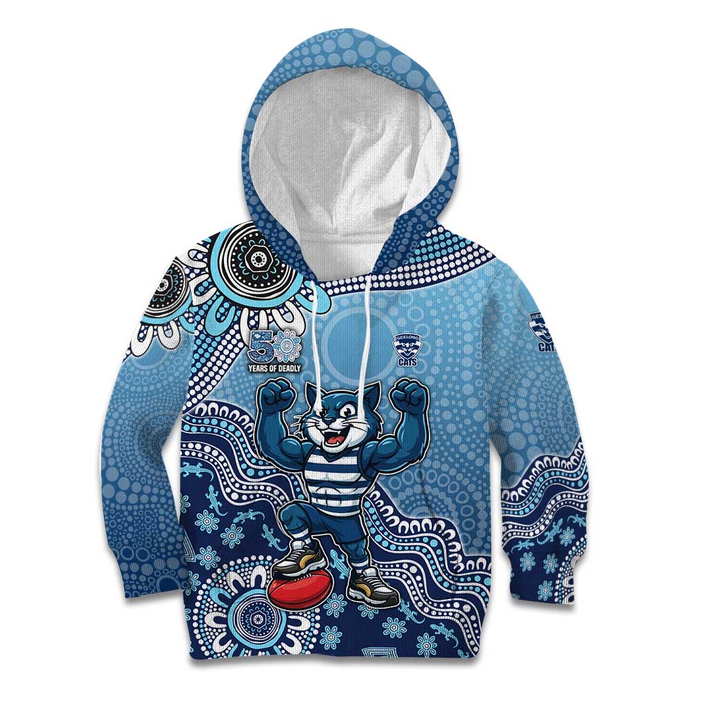 Personalized Geelong Cats Football Mascot Kid Hoodie Aboriginal Dot Art Style Vibrant Indigenous Pattern Design
