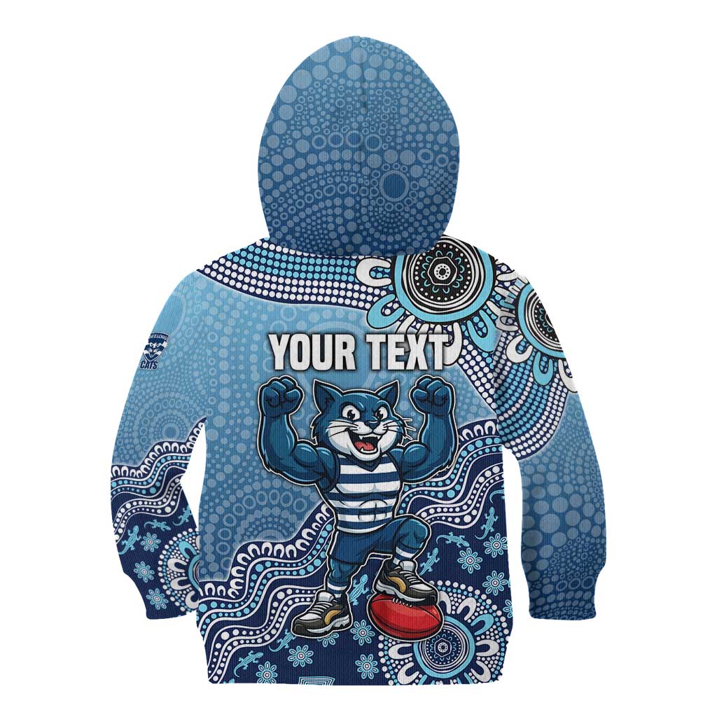 Personalized Geelong Cats Football Mascot Kid Hoodie Aboriginal Dot Art Style Vibrant Indigenous Pattern Design