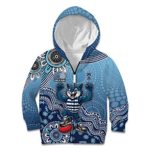 Personalized Geelong Cats Football Mascot Kid Hoodie Aboriginal Dot Art Style Vibrant Indigenous Pattern Design