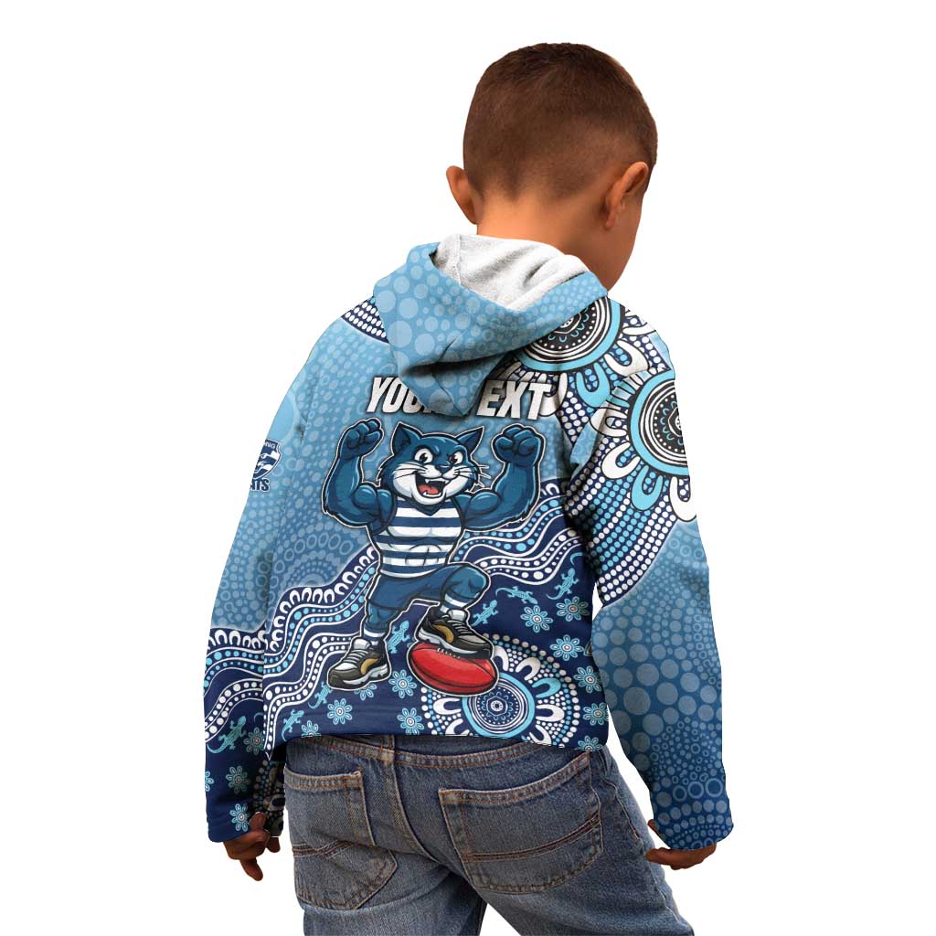 Personalized Geelong Cats Football Mascot Kid Hoodie Aboriginal Dot Art Style Vibrant Indigenous Pattern Design