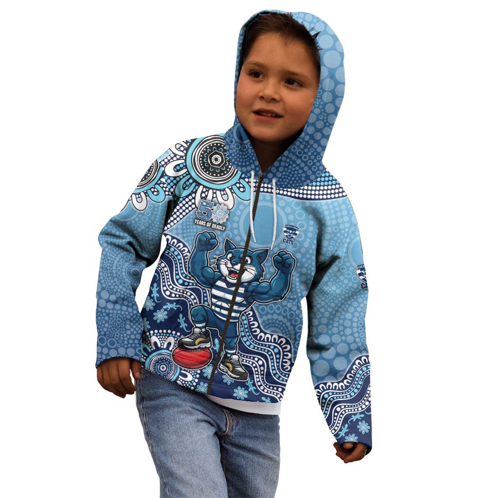 Personalized Geelong Cats Football Mascot Kid Hoodie Aboriginal Dot Art Style Vibrant Indigenous Pattern Design