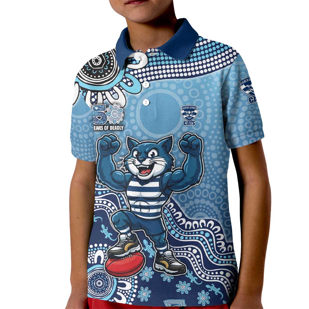 Personalized Geelong Cats Football Mascot Kid Polo Shirt Aboriginal Dot Art Style Vibrant Indigenous Pattern Design