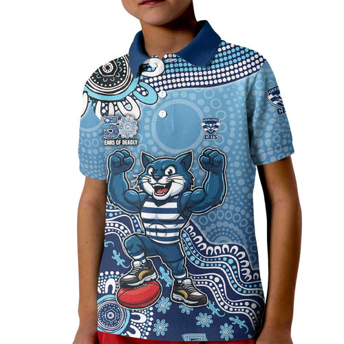 Personalized Geelong Cats Football Mascot Kid Polo Shirt Aboriginal Dot Art Style Vibrant Indigenous Pattern Design