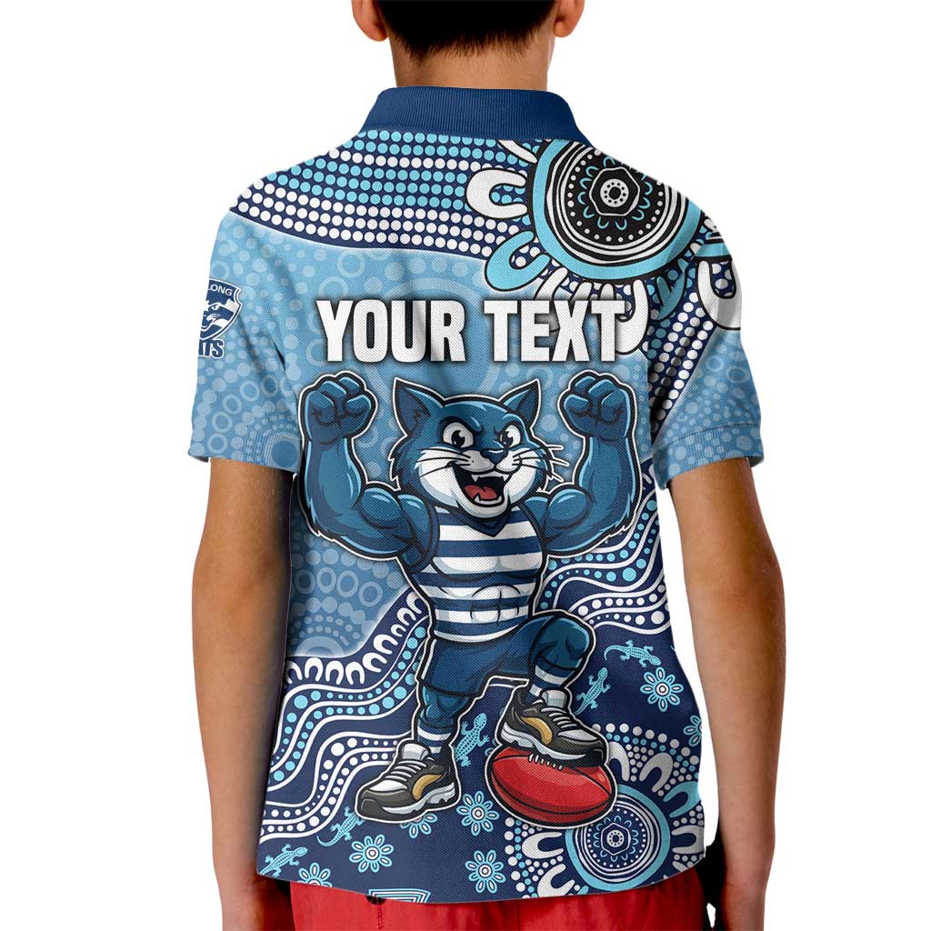 Personalized Geelong Cats Football Mascot Kid Polo Shirt Aboriginal Dot Art Style Vibrant Indigenous Pattern Design