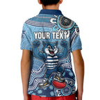 Personalized Geelong Cats Football Mascot Kid Polo Shirt Aboriginal Dot Art Style Vibrant Indigenous Pattern Design