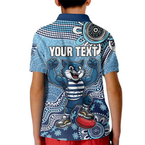 Personalized Geelong Cats Football Mascot Kid Polo Shirt Aboriginal Dot Art Style Vibrant Indigenous Pattern Design