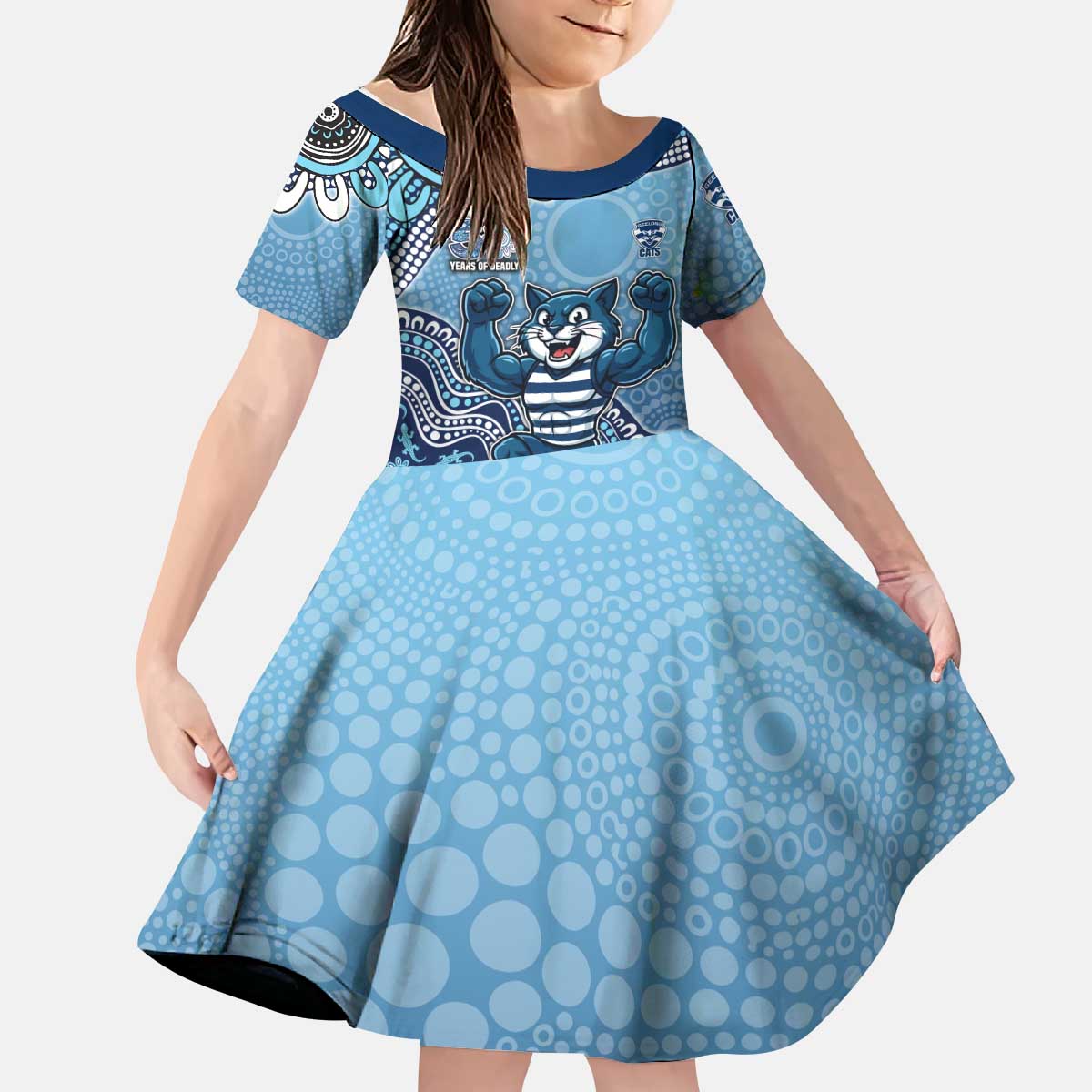 Personalized Geelong Cats Football Mascot Kid Short Sleeve Dress Aboriginal Dot Art Style Vibrant Indigenous Pattern Design