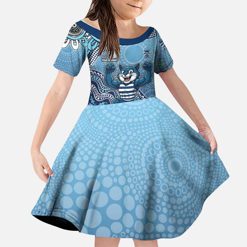 Personalized Geelong Cats Football Mascot Kid Short Sleeve Dress Aboriginal Dot Art Style Vibrant Indigenous Pattern Design