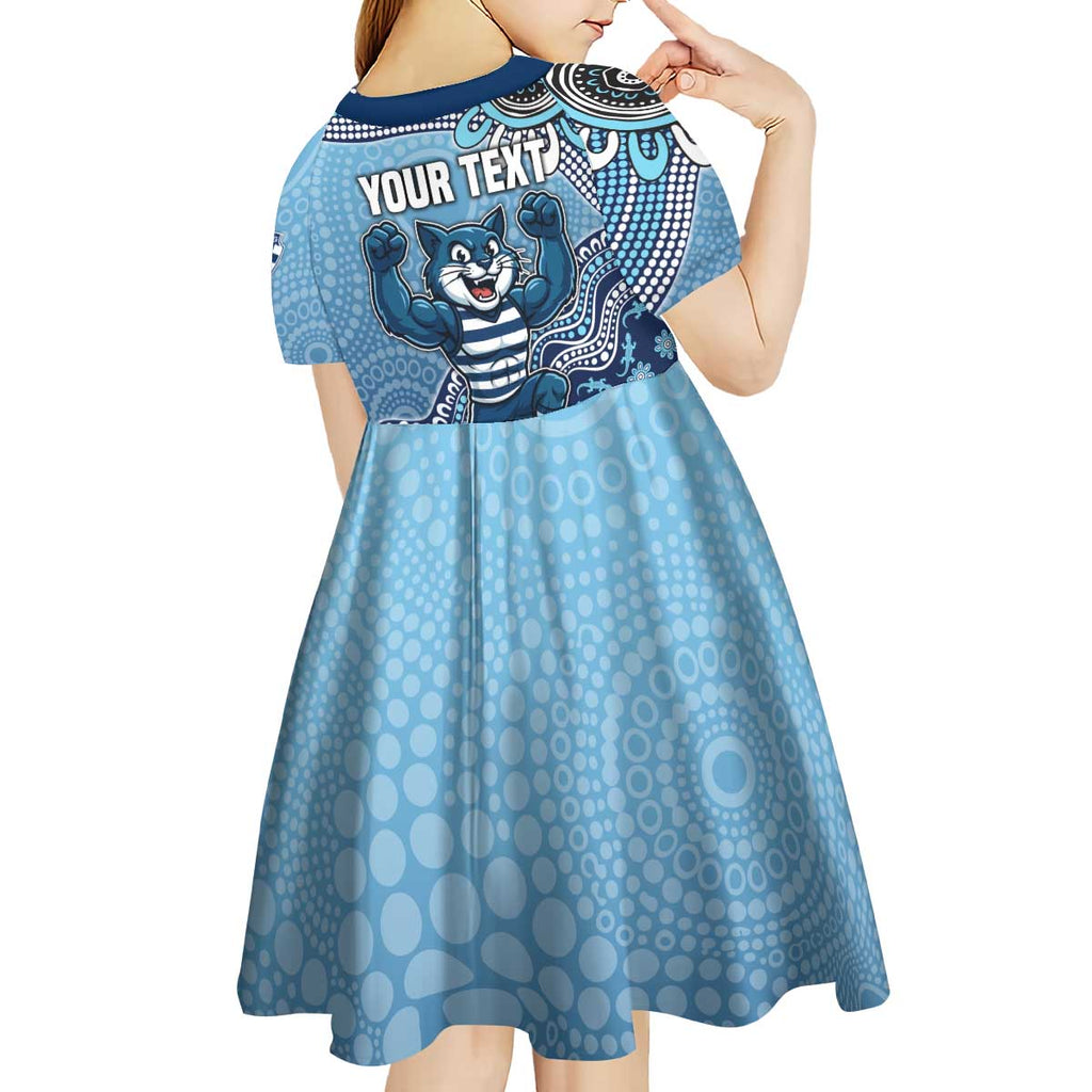 Personalized Geelong Cats Football Mascot Kid Short Sleeve Dress Aboriginal Dot Art Style Vibrant Indigenous Pattern Design