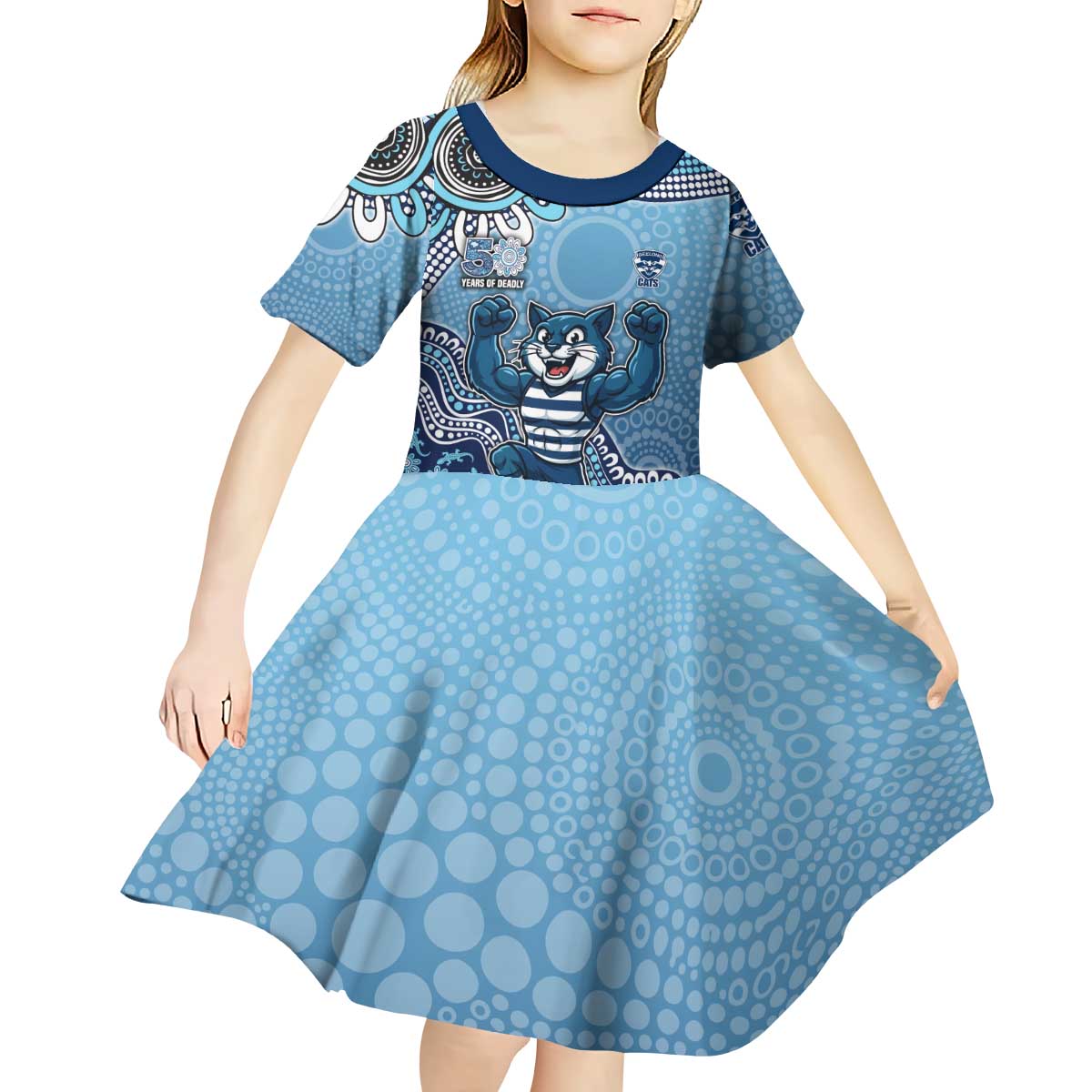 Personalized Geelong Cats Football Mascot Kid Short Sleeve Dress Aboriginal Dot Art Style Vibrant Indigenous Pattern Design