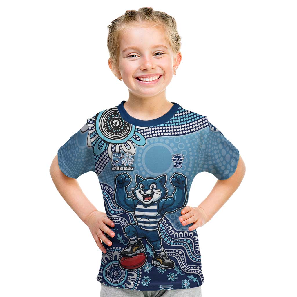 Personalized Geelong Cats Football Mascot Kid T Shirt Aboriginal Dot Art Style Vibrant Indigenous Pattern Design