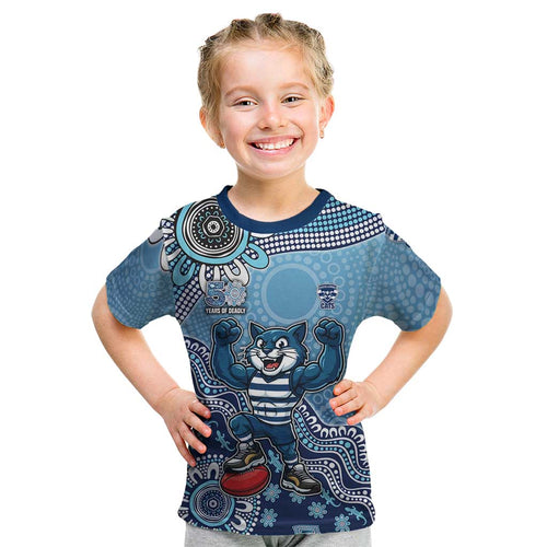 Personalized Geelong Cats Football Mascot Kid T Shirt Aboriginal Dot Art Style Vibrant Indigenous Pattern Design