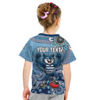 Personalized Geelong Cats Football Mascot Kid T Shirt Aboriginal Dot Art Style Vibrant Indigenous Pattern Design