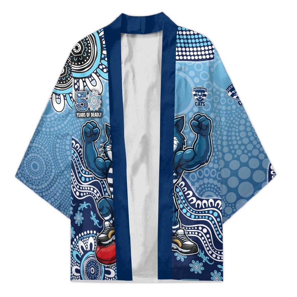 Personalized Geelong Cats Football Mascot Kimono Aboriginal Dot Art Style Vibrant Indigenous Pattern Design
