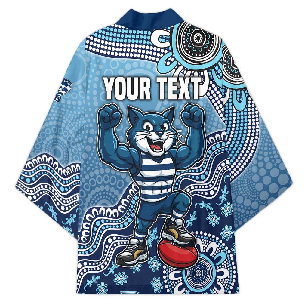 Personalized Geelong Cats Football Mascot Kimono Aboriginal Dot Art Style Vibrant Indigenous Pattern Design