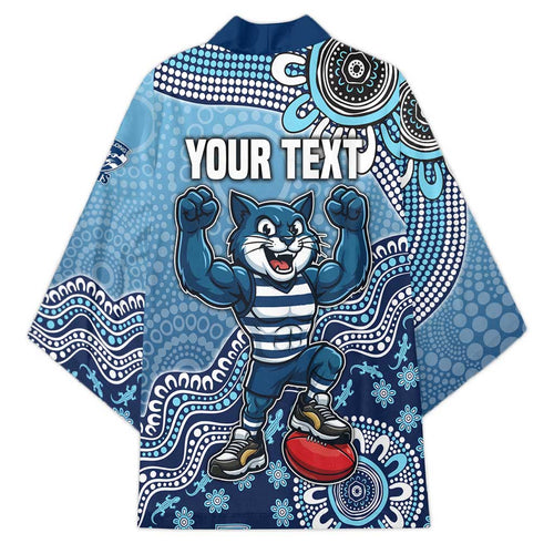 Personalized Geelong Cats Football Mascot Kimono Aboriginal Dot Art Style Vibrant Indigenous Pattern Design