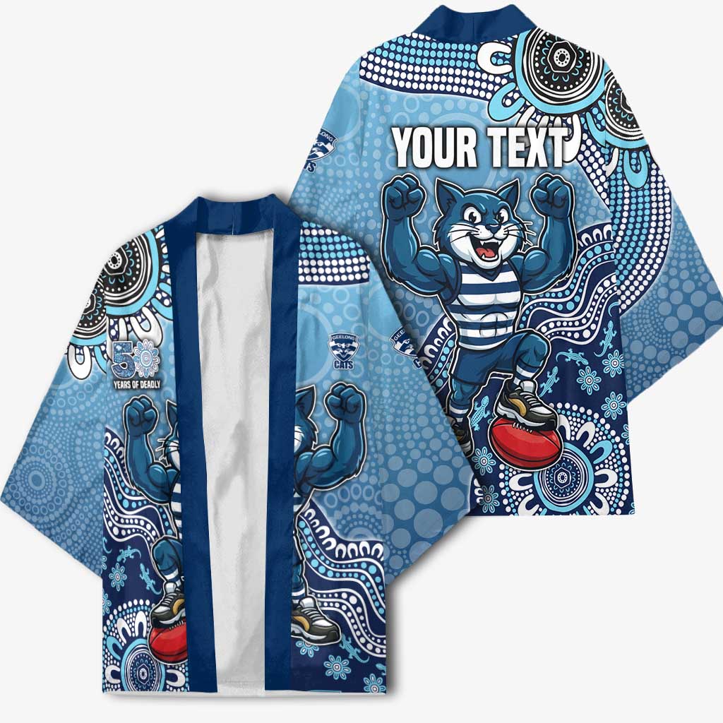 Personalized Geelong Cats Football Mascot Kimono Aboriginal Dot Art Style Vibrant Indigenous Pattern Design