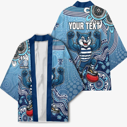 Personalized Geelong Cats Football Mascot Kimono Aboriginal Dot Art Style Vibrant Indigenous Pattern Design
