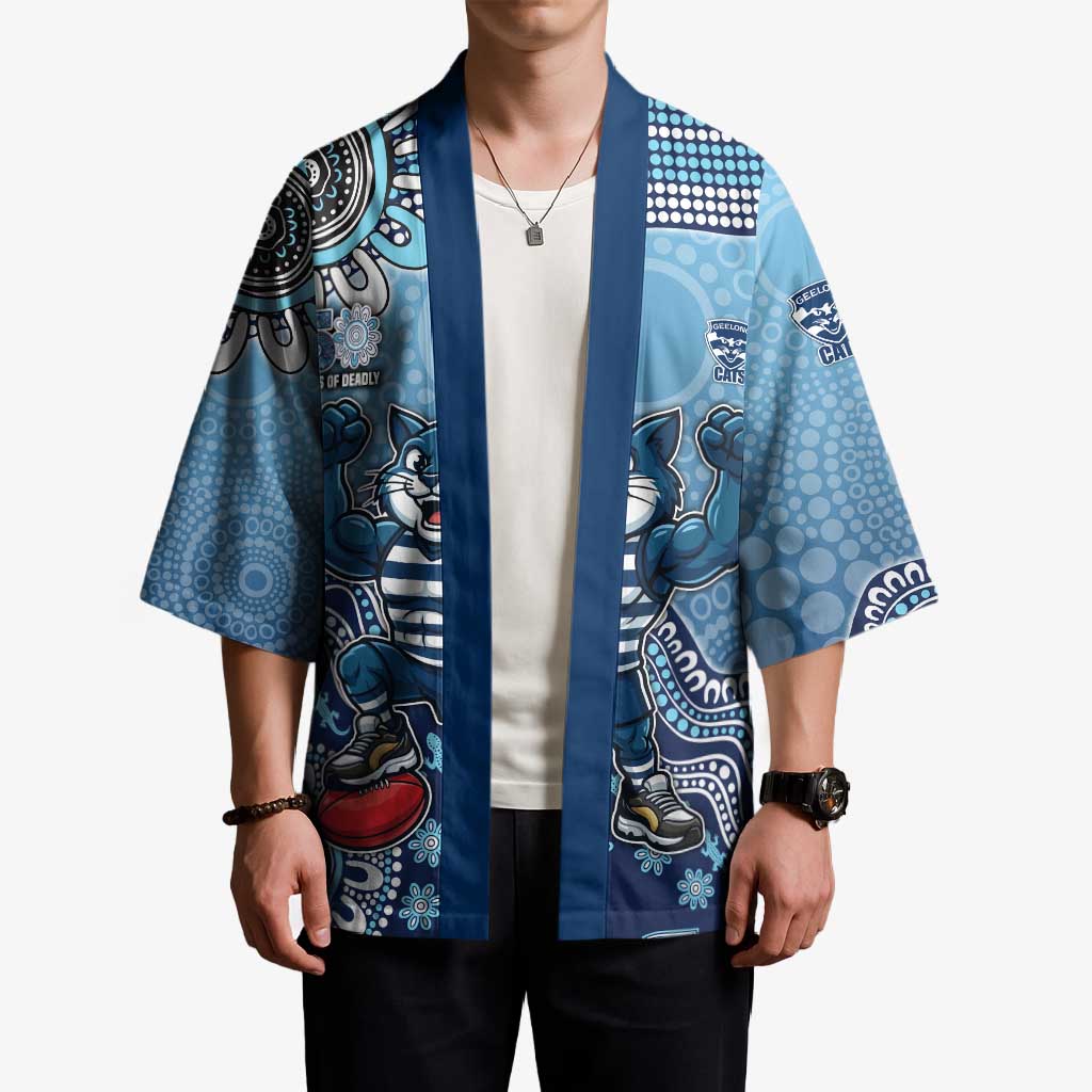 Personalized Geelong Cats Football Mascot Kimono Aboriginal Dot Art Style Vibrant Indigenous Pattern Design