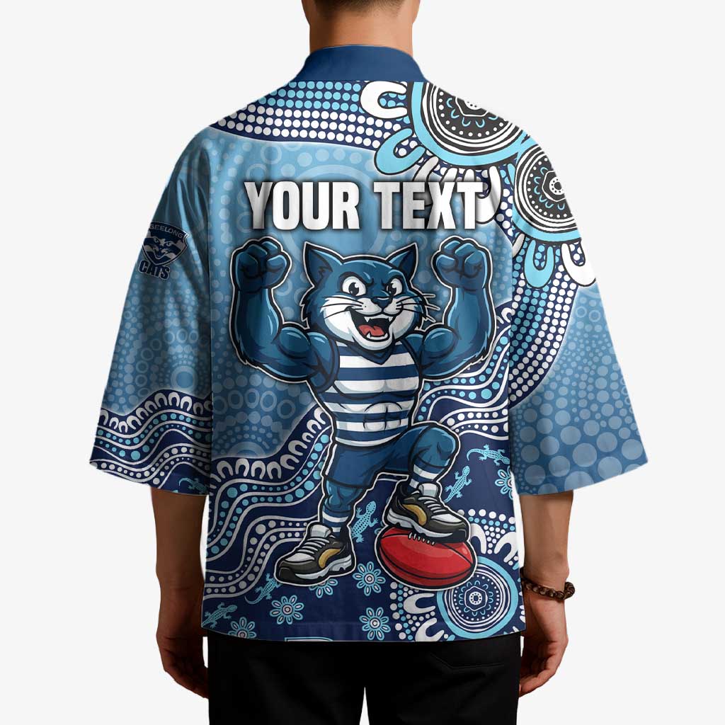 Personalized Geelong Cats Football Mascot Kimono Aboriginal Dot Art Style Vibrant Indigenous Pattern Design