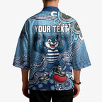 Personalized Geelong Cats Football Mascot Kimono Aboriginal Dot Art Style Vibrant Indigenous Pattern Design
