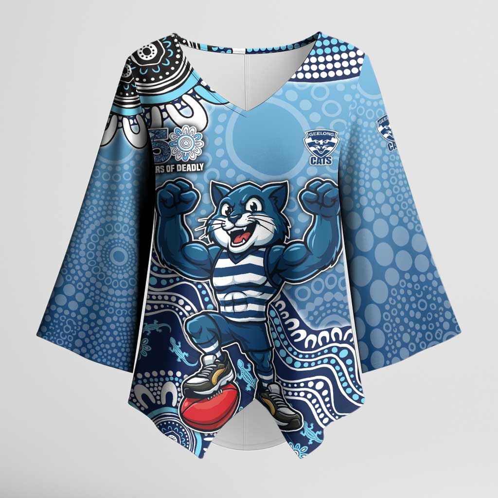 Personalized Geelong Cats Football Mascot Kimono Sleeve Blouse Aboriginal Dot Art Style Vibrant Indigenous Pattern Design